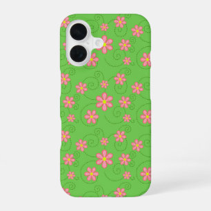 Roze Daisy en Bug Trail Patroon op Heldergroen iPhone 16 Hoesje