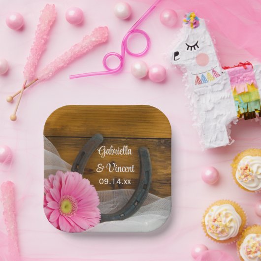 Roze Daisy en Hoefijzer Country Wedding Papieren Bordje (Feest)