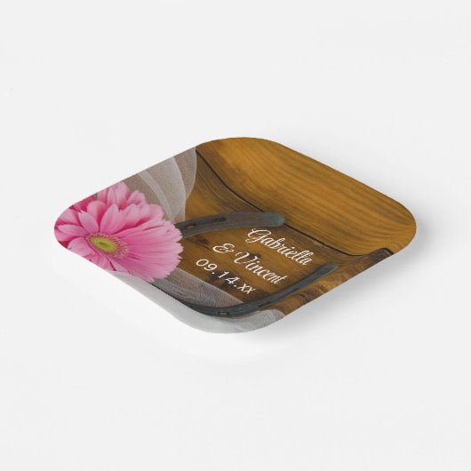 Roze Daisy en Hoefijzer Country Wedding Papieren Bordje (Gebogen)