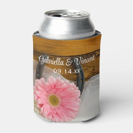 Roze Daisy en Hoefijzer Country Western Weddenscha Blikjeskoeler (Blikje Voorkant)