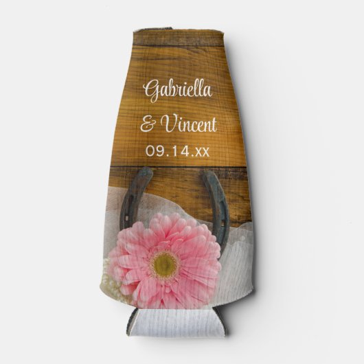 Roze Daisy en Hoefijzer Country Western Weddenscha Flesjeskoeler (Voorkant)