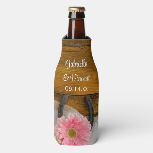 Roze Daisy en Hoefijzer Country Western Weddenscha Flesjeskoeler (Fles Voorkant)