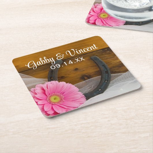 Roze Daisy en Hoefijzer Country Western Weddenscha Kartonnen Onderzetters (Schuin)