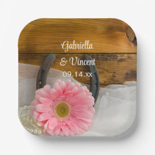 Roze Daisy en Hoefijzer Country Western Weddenscha Papieren Bordje