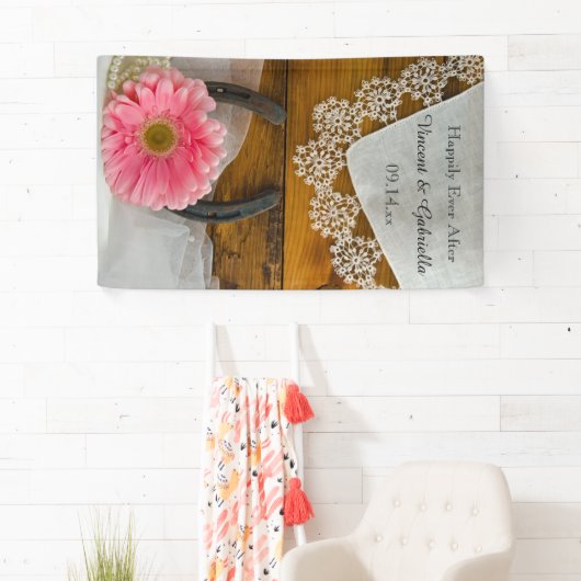 Roze Daisy en Hoefijzer Country Western Weddenscha Spandoek (Insitu)