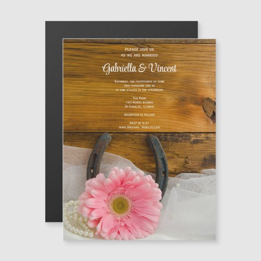 Roze Daisy en Hoefijzer Western huwelijk Magnetische Uitnodiging (Voorkant / Achterkant)