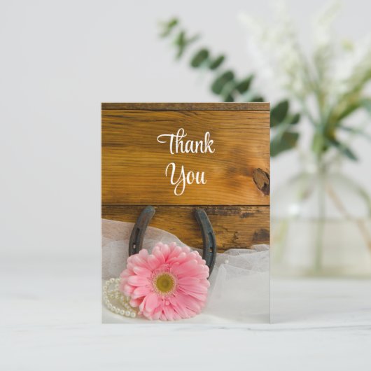 Roze Daisy en Hoefijzer Westerne bruiloft Bedankt Briefkaart (Staand voorkant)