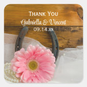 Roze Daisy en Hoefijzer Westerne bruiloft Bedankt Vierkante Sticker (Voorkant)