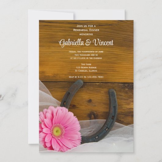 Roze Daisy en Hoefijzer Westerne repetitie Dinner Kaart (Voorkant)