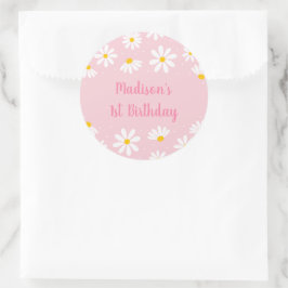 Roze Daisy First Birthday Ronde Sticker