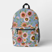 Roze Daisy Floral Botanical Art op blauw Bedrukte Rugzak (Voorkant)