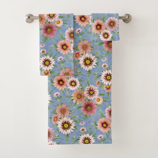 Roze Daisy Floral op Blauw Bad Handdoek (Insitu)