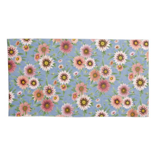 Roze Daisy Floral op Blauw Kussensloop (Achterkant-Rechts)
