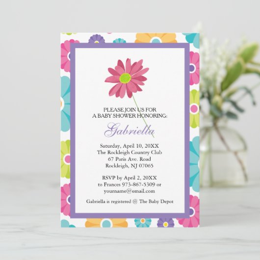 Roze Daisy Flower Baby shower Invitation Kaart (Staand voorkant)