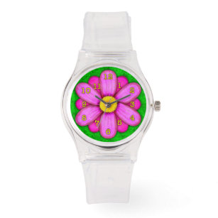 Roze Daisy Flower on Green Beauful Horloge