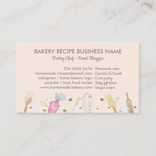 Roze Daisy Flowers Bakery Tools Design Visitekaartje (Achterkant)
