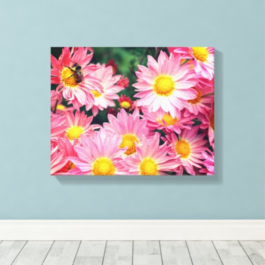 Roze Daisy Flowers en Bumble Bee Canvas Afdruk (Insitu (Houten vloer))