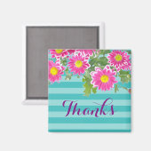 Roze Daisy Flowers on Turquoise Stripes "Bedankt" Magneet (Voorkant / Achterkant)