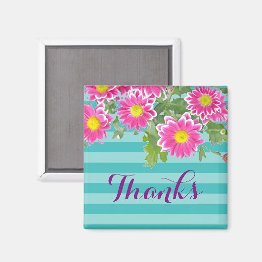 Roze Daisy Flowers on Turquoise Stripes "Bedankt" Magneet (Voorkant / Achterkant)