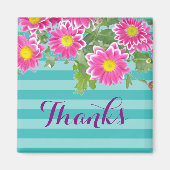 Roze Daisy Flowers on Turquoise Stripes "Bedankt" Magneet (Voorkant)