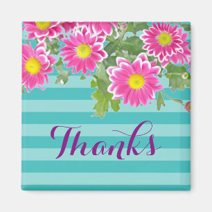 Roze Daisy Flowers on Turquoise Stripes "Bedankt" Magneet