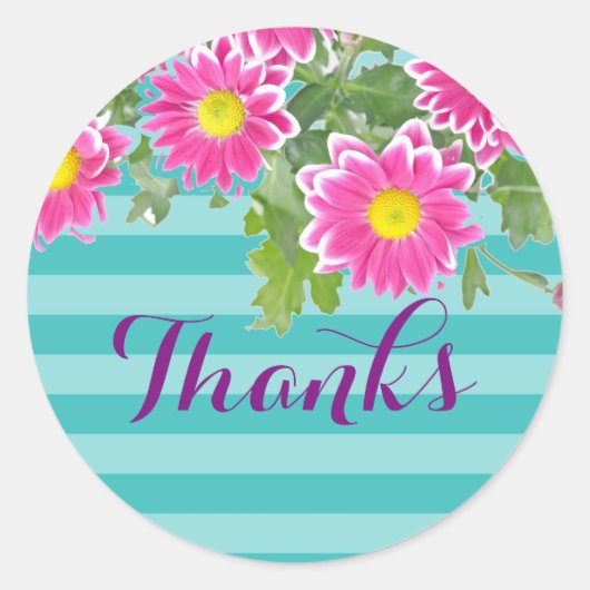 Roze Daisy Flowers on Turquoise Stripes "Bedankt" Ronde Sticker (Voorkant)