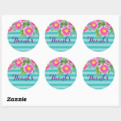 Roze Daisy Flowers on Turquoise Stripes "Bedankt" Ronde Sticker (Vel)