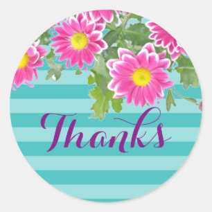 Roze Daisy Flowers on Turquoise Stripes "Bedankt" Ronde Sticker
