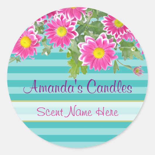 Roze Daisy Flowers op Turquoise Stripe Candle Ronde Sticker (Voorkant)