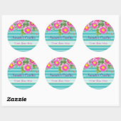 Roze Daisy Flowers op Turquoise Stripe Candle Ronde Sticker (Vel)