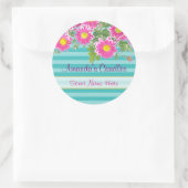 Roze Daisy Flowers op Turquoise Stripe Candle Ronde Sticker (Tas)