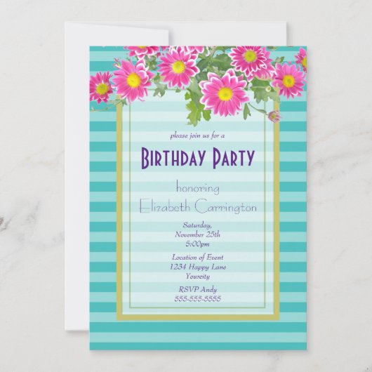 Roze Daisy Flowers op Turquoise Stripes Birthday Kaart (Voorkant)