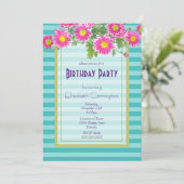 Roze Daisy Flowers op Turquoise Stripes Birthday Kaart (Staand voorkant)