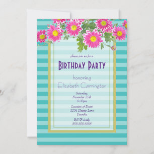 Roze Daisy Flowers op Turquoise Stripes Birthday Kaart