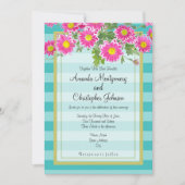 Roze Daisy Flowers op Turquoise Stripes Wedding Kaart (Voorkant)