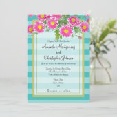 Roze Daisy Flowers op Turquoise Stripes Wedding Kaart (Staand voorkant)
