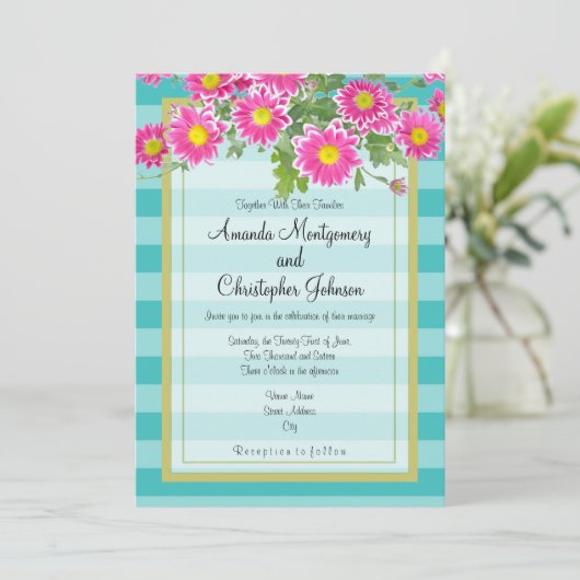 Roze Daisy Flowers op Turquoise Stripes Wedding Kaart (Staand voorkant)