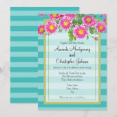 Roze Daisy Flowers op Turquoise Stripes Wedding Kaart (Voorkant / Achterkant)