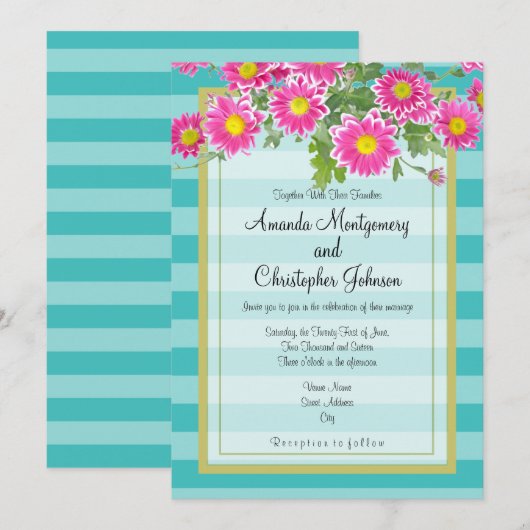 Roze Daisy Flowers op Turquoise Stripes Wedding Kaart (Voorkant / Achterkant)