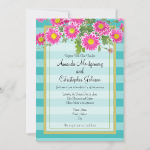 Roze Daisy Flowers op Turquoise Stripes Wedding Kaart