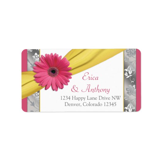 Roze Daisy Geel Damask Bruiloft Adresetiketten Etiket (Voorkant)