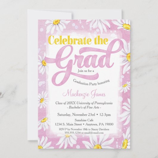 Roze Daisy Graduy Party Invitation Cute Floral Kaart (Voorkant)