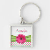 Roze Daisy Green Polka Dot Aangepaste naam Sleutel Sleutelhanger (Voorkant)