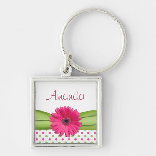 Roze Daisy Green Polka Dot Aangepaste naam Sleutel Sleutelhanger (Voorkant)