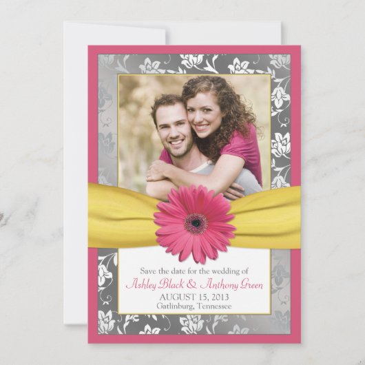 Roze Daisy Grey Yellow Damask Foto slaat de datum  Save The Date (Voorkant)