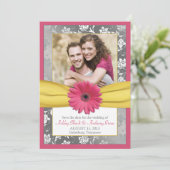 Roze Daisy Grey Yellow Damask Foto slaat de datum  Save The Date (Staand voorkant)