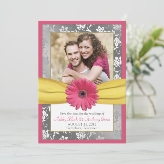Roze Daisy Grey Yellow Damask Foto slaat de datum  Save The Date (Staand voorkant)