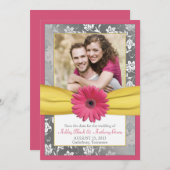Roze Daisy Grey Yellow Damask Foto slaat de datum  Save The Date (Voorkant / Achterkant)