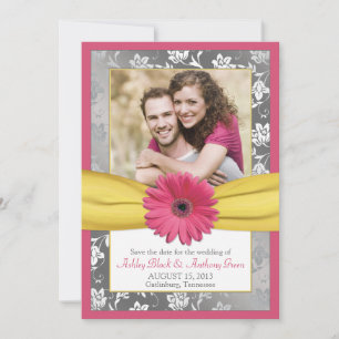 Roze Daisy Grey Yellow Damask Foto slaat de datum  Save The Date