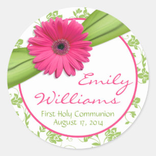 Roze Daisy Groen Wit Bloemen Eerste Communie Ronde Sticker